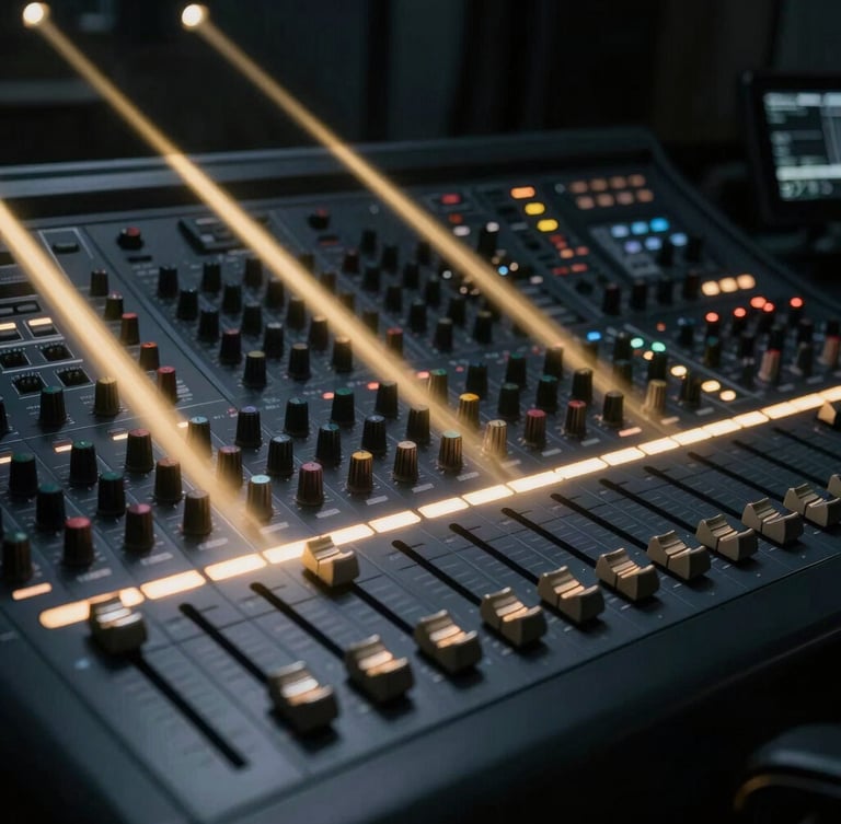 A close-up of a professional technical production console, glowing faders, sharp golden light beams cutting through deep anthracite shadows, dramatic architectural lighting, 35mm.