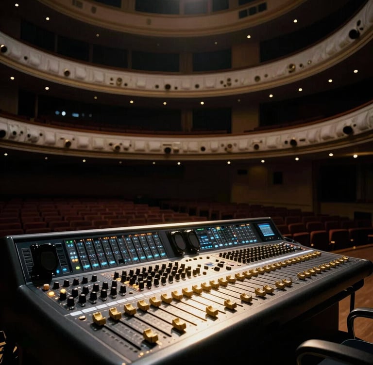 Dramatic 35mm chiaroscuro shot of a state-of-the-art sound console during setup in an empty luxury auditorium. Sharp gold light reflecting off metallic faders, deep shadows, architectural precision.