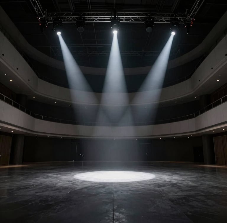 Extreme wide-angle architectural photography of a massive empty luxury venue during technical setup, sharp champagne light beams cutting through deep anthracite shadows, 35mm