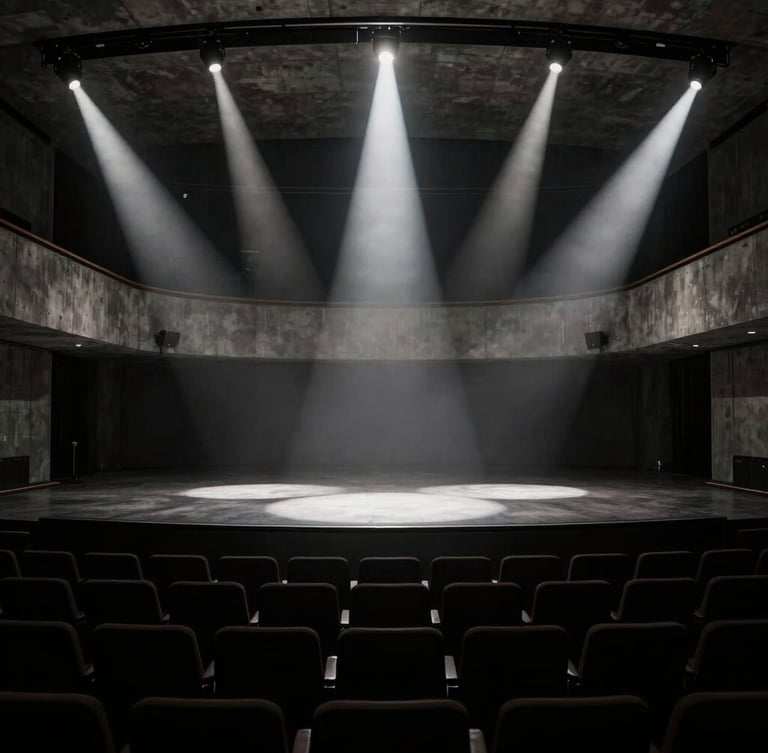 Dramatic empty high-end auditorium during technical setup, sharp spotlights casting geometric patterns on dark concrete, high-contrast chiaroscuro, 35mm