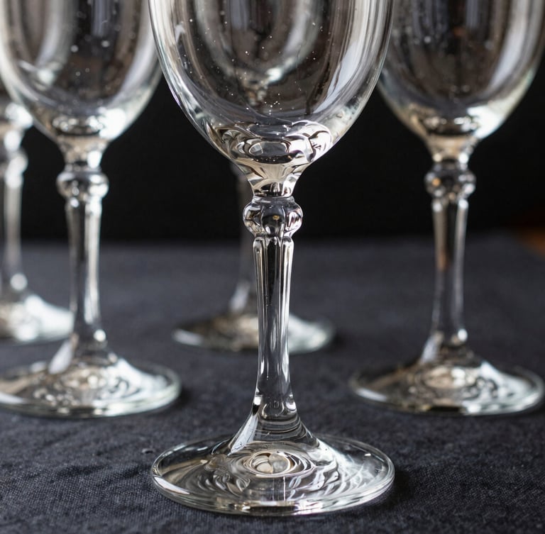 Extreme close-up of crystal wine glasses on a dark linen tablecloth, low-angle light catching the ribbed glass, editorial styling.