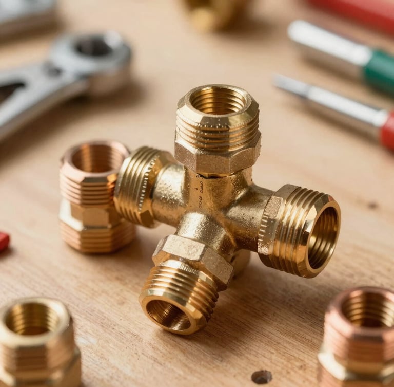 Close-up of clean brass valves and copper pipe fittings on a wooden work surface, bright natural light, professional plumbing tools in the background