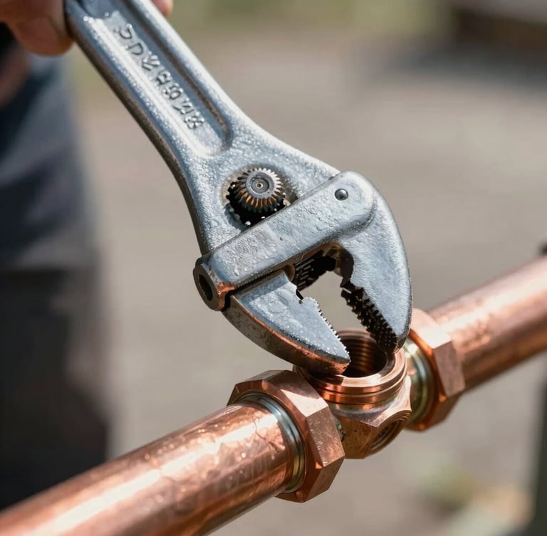 Close-up of a professional pipe wrench tightening a clean copper pipe fitting under bright, natural daylight, sharp focus on the metallic texture.