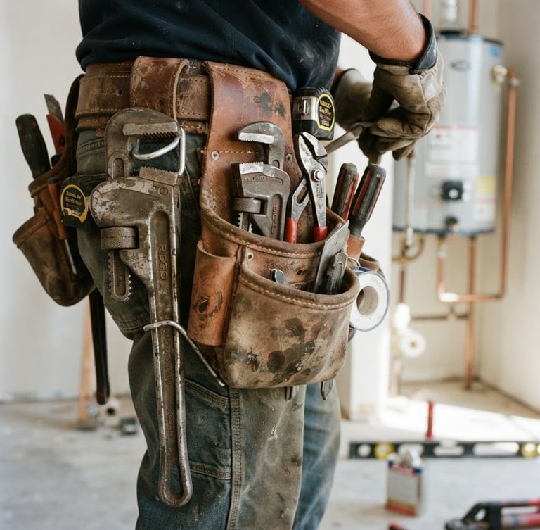 Close-up of a professional plumber's tool belt with heavy-duty wrenches, bright daylight on a residential job site, 35mm photography