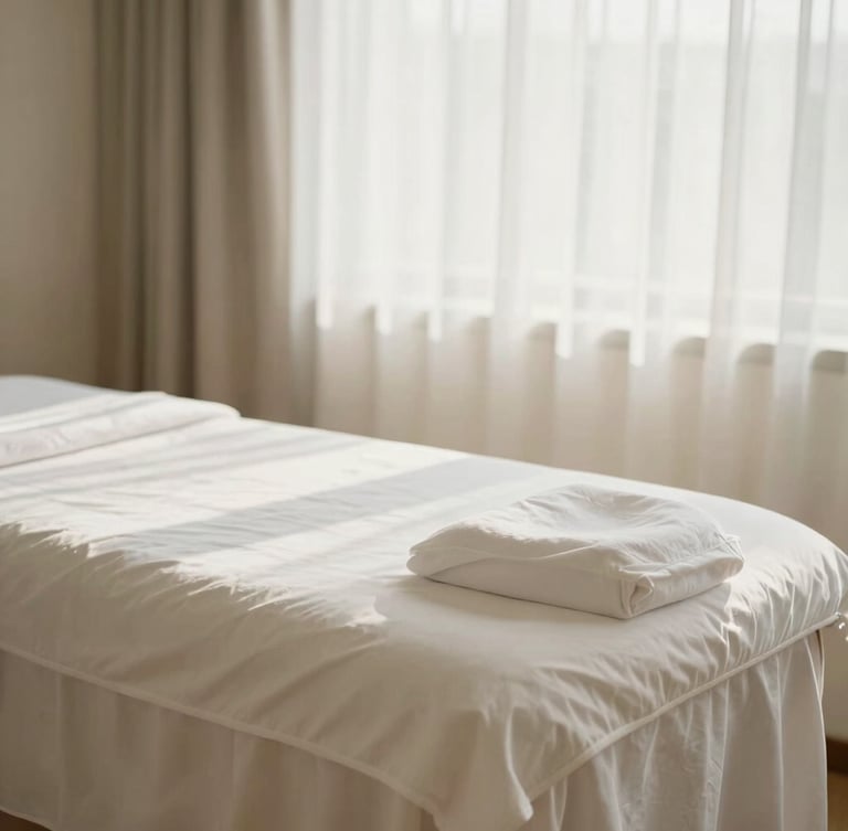 Wide environmental shot of a serene, sunlit residential room with a professionally set up massage table, crisp white linens, soft warm daylight, shallow depth of field