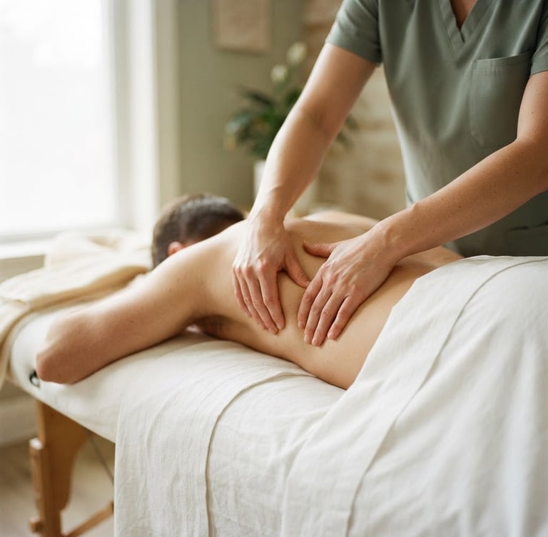 Close-up of hands performing precise myofascial release therapy on a client, crisp white linens on a portable table, soft diffused window light, warm editorial photography