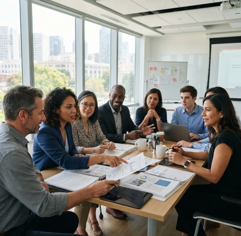 Bright corporate classroom setting, diverse California professionals collaborating over documents, natural daylight, crisp focus
