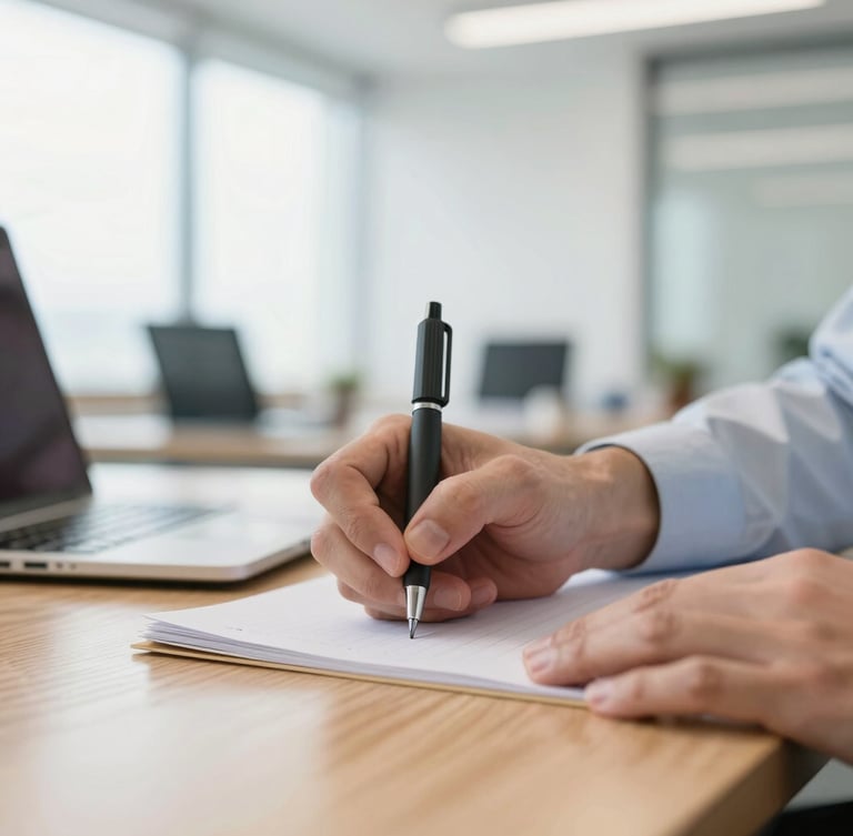 Close-up of focused professional hands writing and using technical tools on a wooden desk in a bright, modern office with natural light