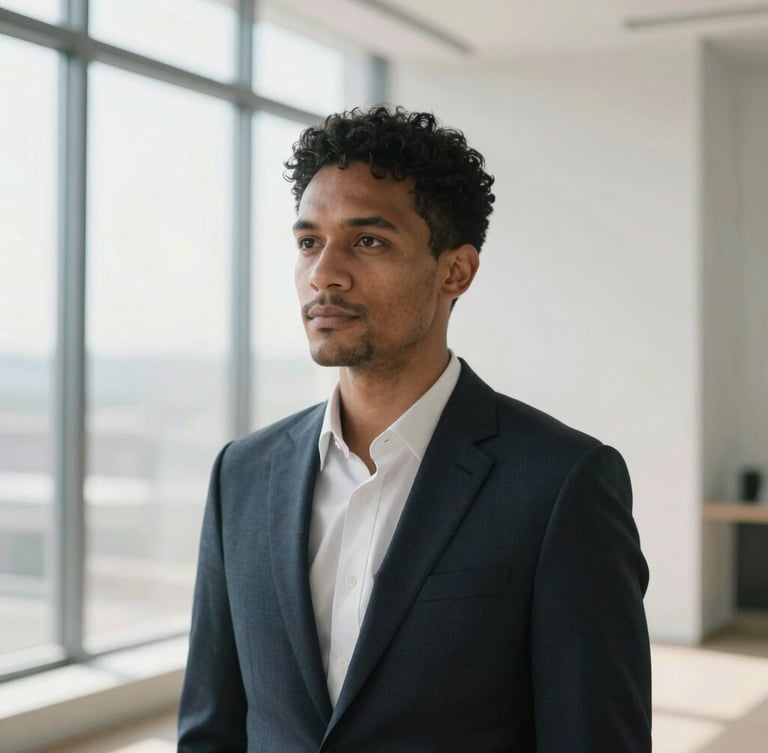 A striking, unposed portrait of a diverse professional looking thoughtfully off-camera, bathed in soft, diffused natural daylight from a large window, clean minimalist architectural lines in the background.