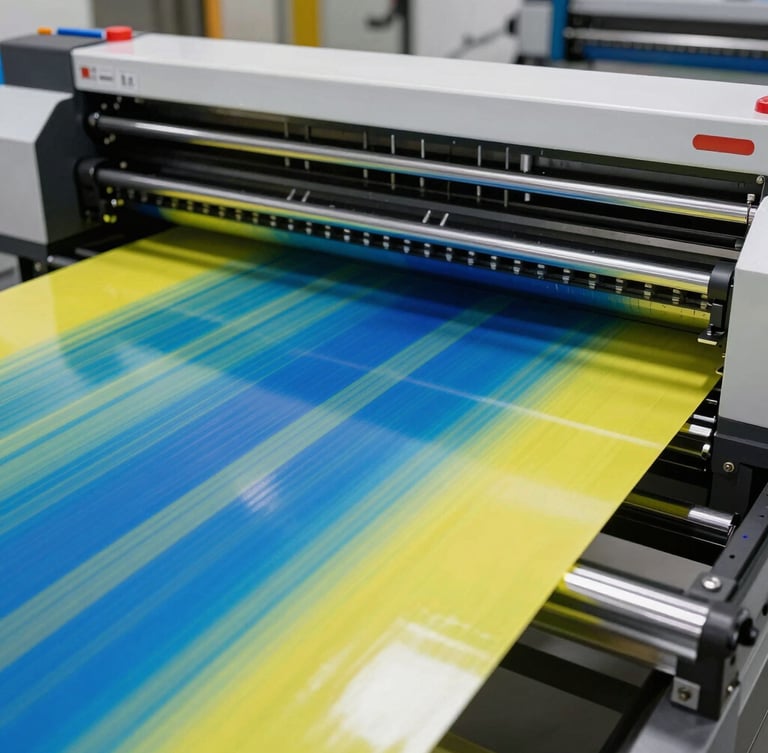 Tight macro shot of a massive industrial print plotter head laying down vivid UV-resistant inks on heavy-duty vinyl.