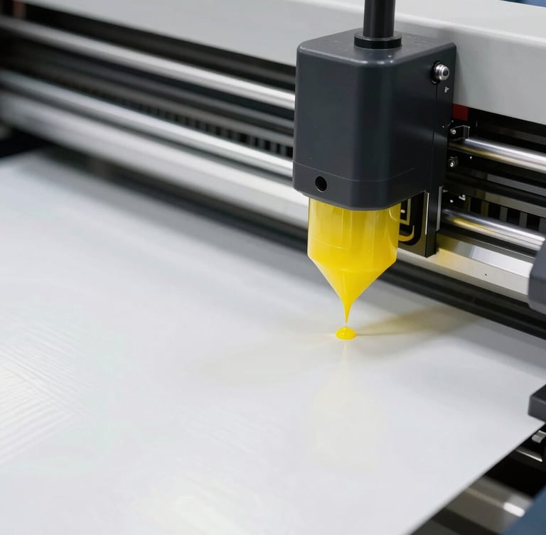 Close-up of an industrial large-format printing plotter in action, bright yellow ink droplets on heavy white vinyl, sharp details, macro lens, 35mm