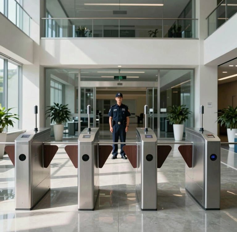 Symmetrical architectural view of a pristine corporate lobby with high-contrast daylight, clean polished concrete floor with sharp reflections, modern access control turnstiles in the foreground, professional security guard in clean dark uniform standing at attention, crisp lighting.