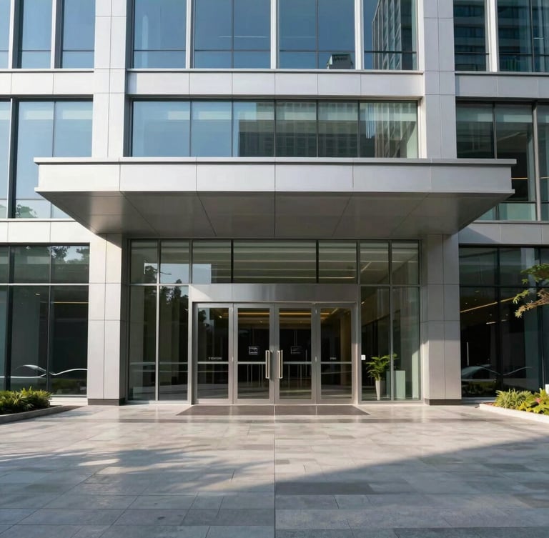 Symmetrical architectural shot of a modern corporate building entrance, clean glass facade, polished concrete floor reflecting bright daylight, high contrast.