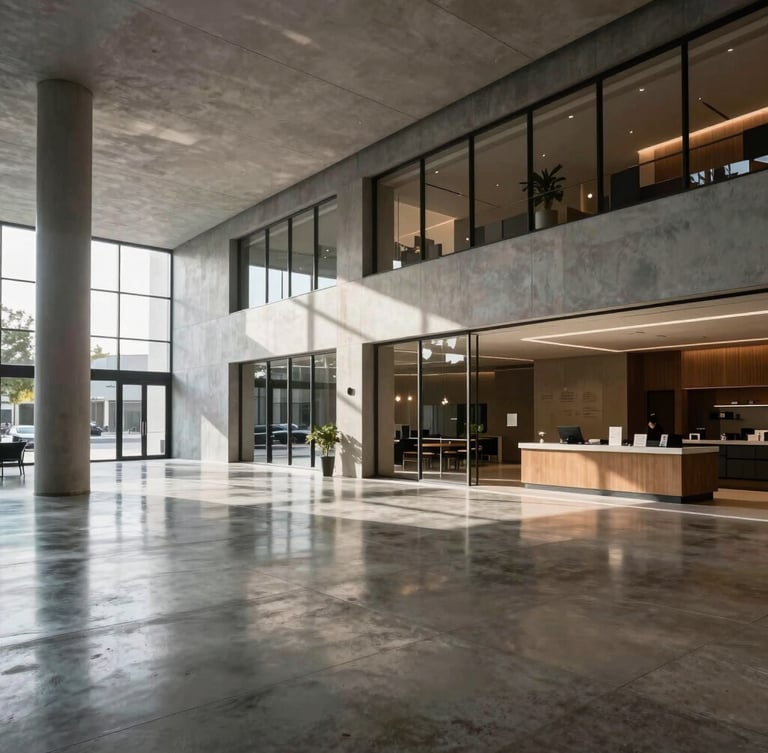 Pristine commercial building lobby with high-contrast architectural lighting, polished concrete floors reflecting daylight, minimalist design.