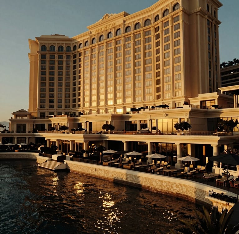 Wide cinematic architectural shot of a luxury Monaco hotel terrace at golden hour, soft light reflecting on water, deep shadows, rich gold tones
