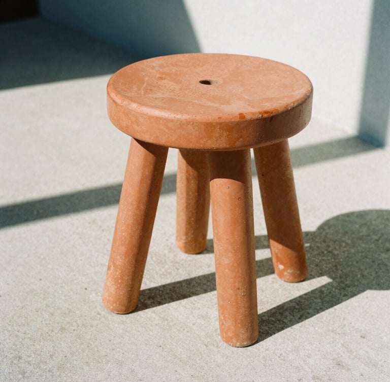 Low-angle architectural close-up of a heavy terracotta resin stool on a raw concrete patio, harsh midday sun casting sharp geometric shadows, medium format film.
