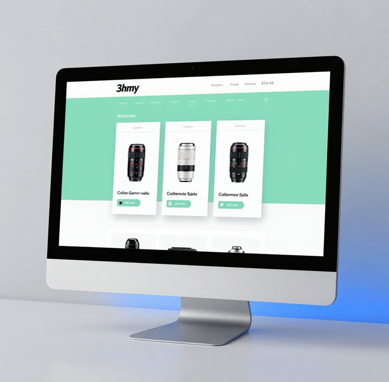 Sharp straight-on mockup of a modern Shopify storefront displayed on a high-end desktop monitor, clean workspace, soft tech-blue ambient glow, bright studio lighting, cool gray tones, sharp focus, 35mm lens