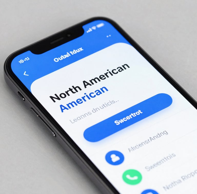 Close-up macro shot of a sleek smartphone screen displaying a localized North American ad creative, vibrant tech-blue accents, bright studio lighting, cool gray background