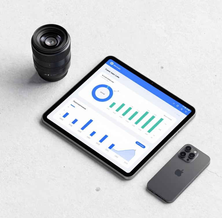 Clean flat-lay of modern tech devices on a white concrete surface, a tablet displaying e-commerce sales charts, subtle blue shadows, professional B2B aesthetic