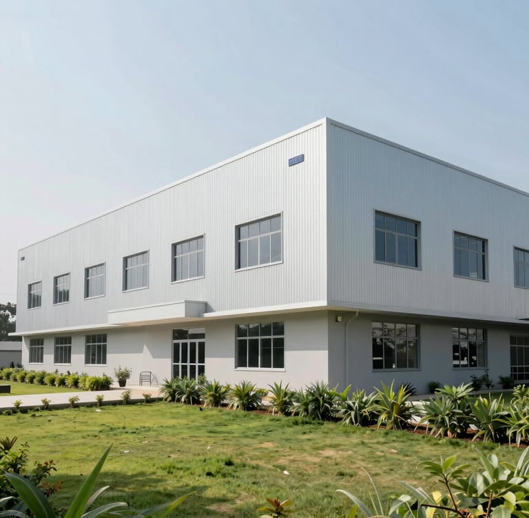 Sharp architectural exterior of the modern FARMCARES manufacturing facility in Ankleshwar, Gujarat, clean industrial lines, bright daylight, soft green landscaping
