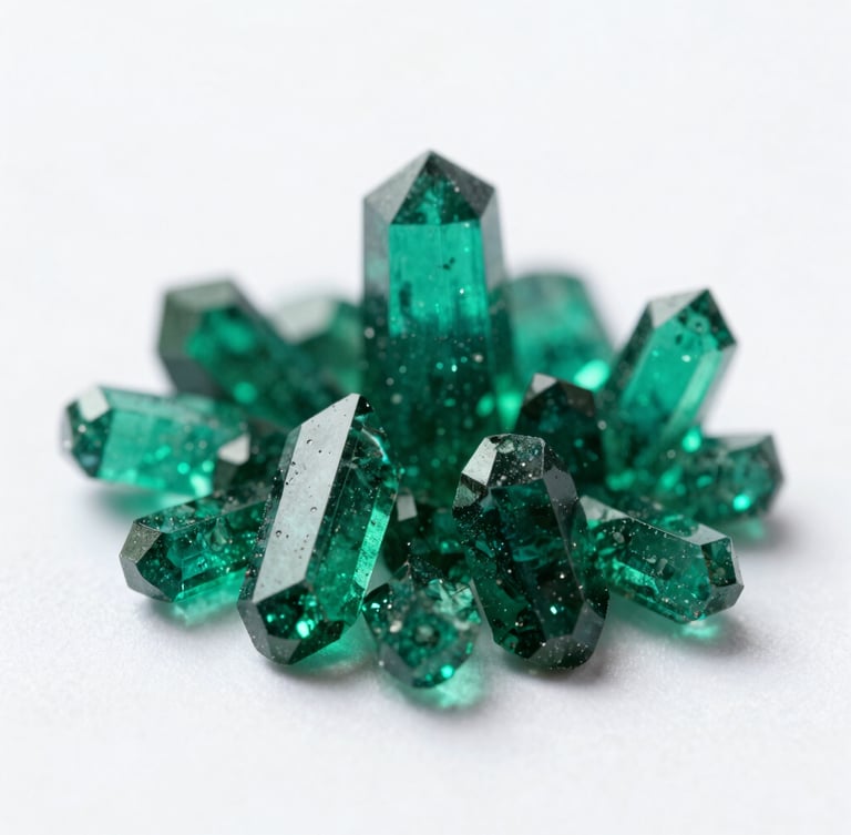 Macro photograph of high-purity emerald green chelated copper crystals under bright clinical laboratory lighting, white background, ultra-sharp focus.