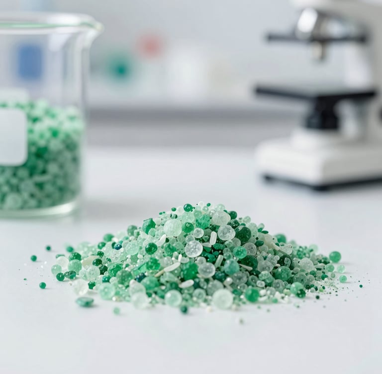 Close-up of high-solubility crystalline fertilizers in a clean laboratory environment, modern glass beaker, clinical white lighting, sharp focus