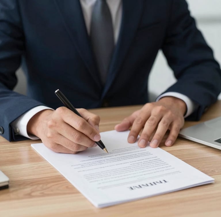 Close-up of professional business hands signing a legal document on a clean wooden desk, soft office lighting, shallow depth of field