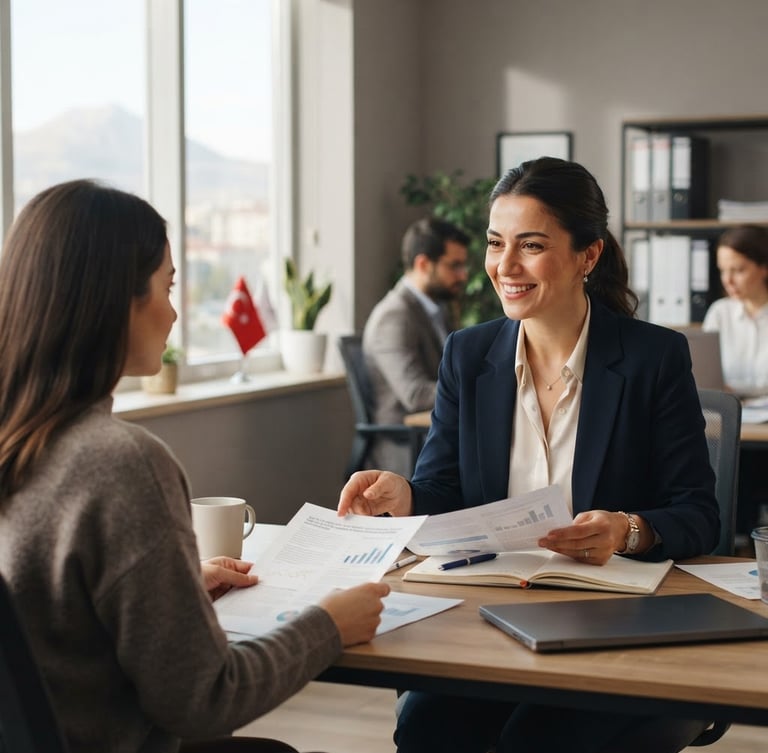 A bright, professional office environment in Aksaray, a consultant sitting at a desk with a warm, reassuring expression, documents in hand, soft natural daylight, 35mm lens.