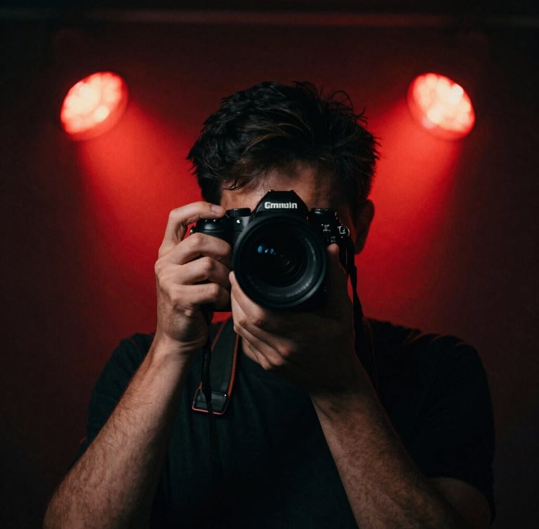 Low-key high-contrast portrait of a photographer with a camera, dramatic red stage lights from behind, deep shadows, 35mm film grain.