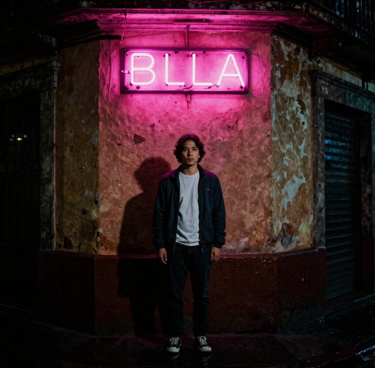 Candid portrait of a person standing under a glowing pink neon sign on a rainy Mexico City street corner, dramatic shadows, high contrast, gritty texture.