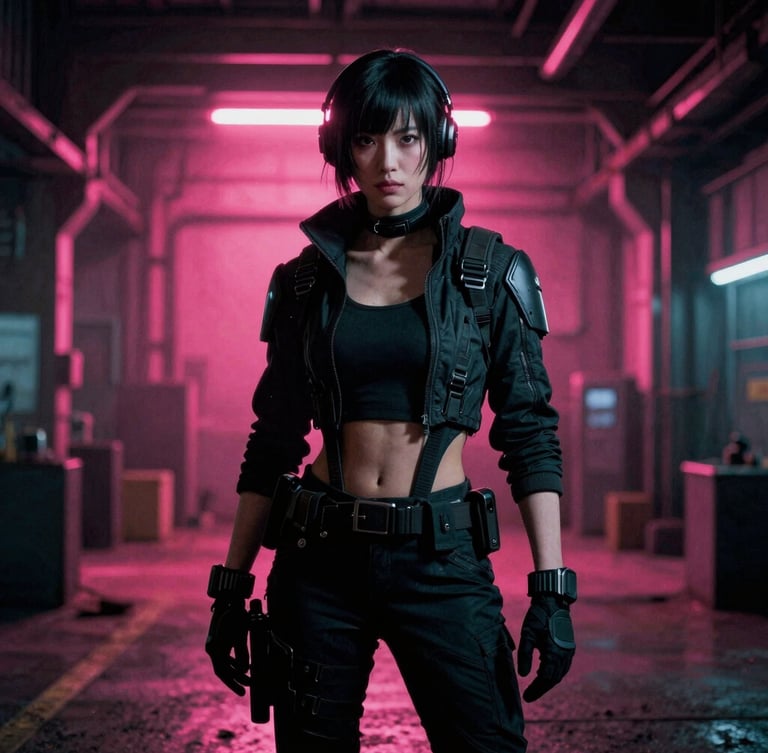 Portrait of a cyberpunk warrior in a gritty industrial warehouse, dramatic neon pink backlighting, deep shadows, rich saturated colors, 35mm film grain, vertical framing