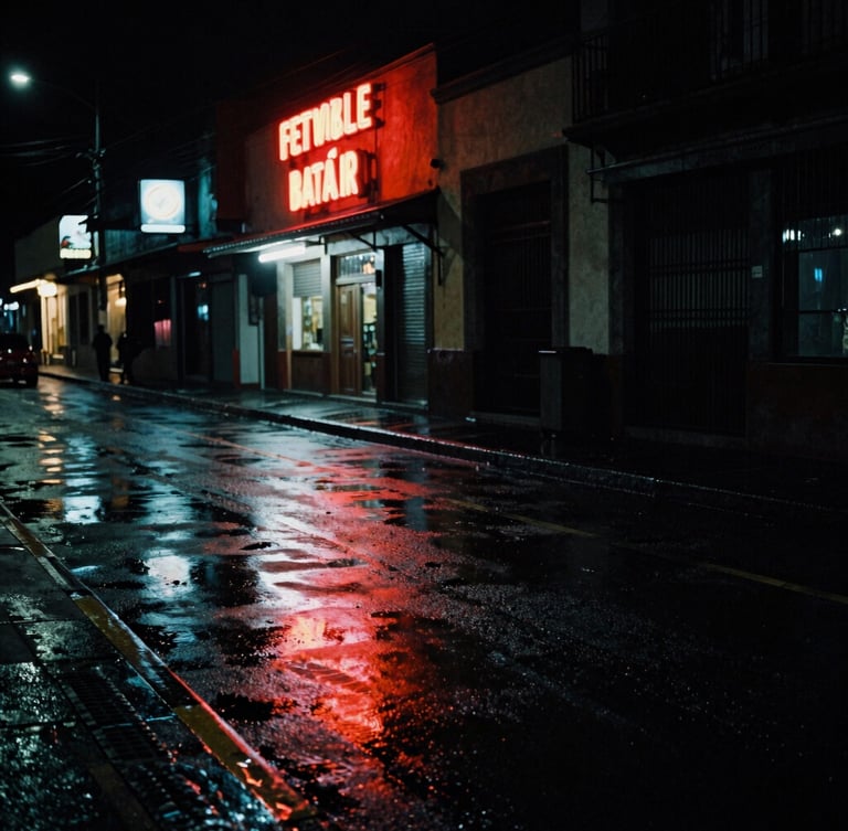 High-contrast night street photography in Mexico City, neon signs reflecting on wet asphalt, deep shadows, cinematic atmosphere, 35mm film grain.