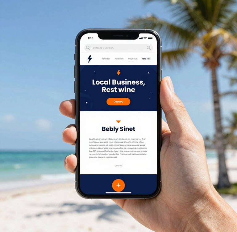 Crisp editorial photo of a modern smartphone in hand displaying a lightning-fast local business website, bright Florida daylight, clean navy and orange accents, 35mm focus