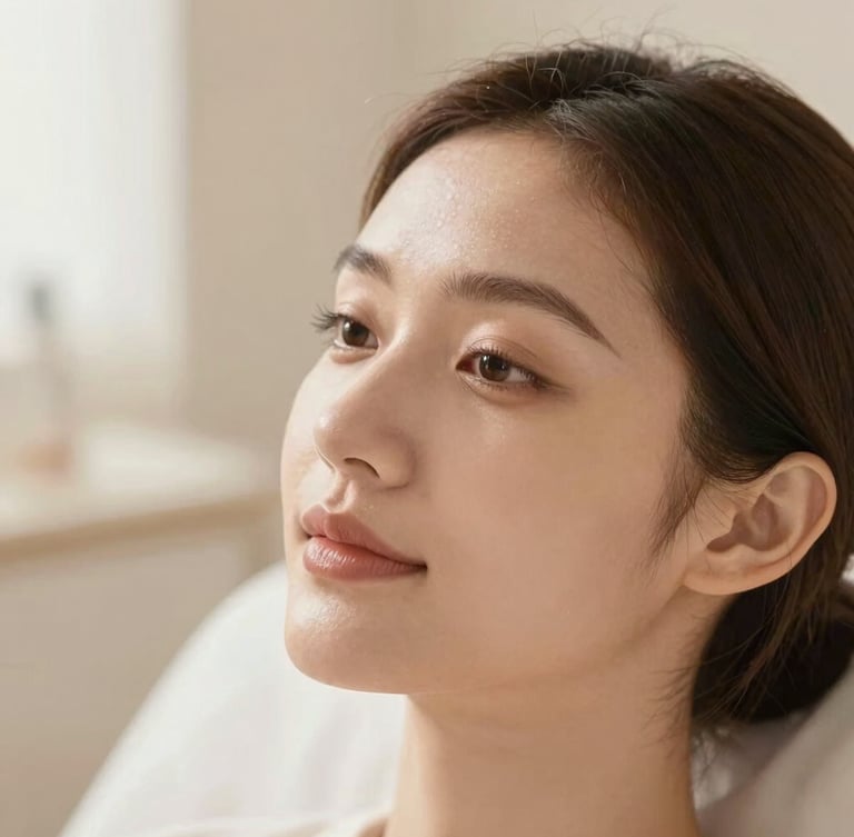 Warm editorial photography, close-up of a woman with radiant, healthy skin, soft morning daylight, muted sand tones, shallow depth of field, 35mm