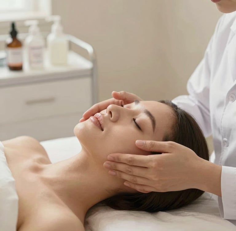 Warm editorial photography, hands of a doctor applying a gentle facial treatment to a patient, soft morning daylight, clean medical spa interior, muted sand tones, shallow depth of field, 35mm