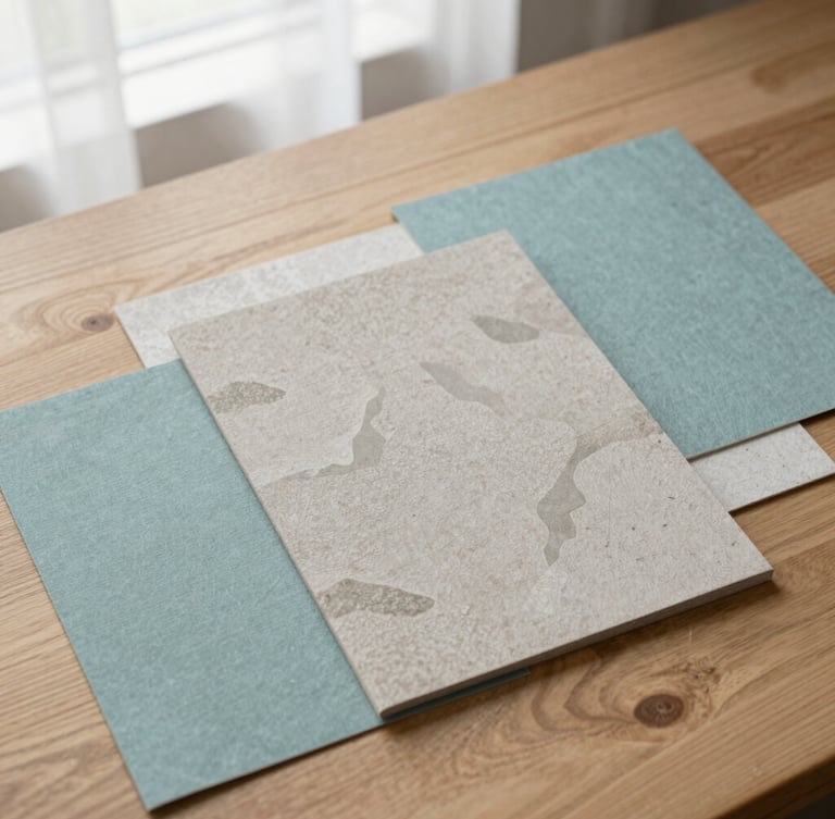 Overhead flat-lay of textured linen paper stocks and warm stone gray design mockups on a light oak table, soft morning window light, 35mm photography