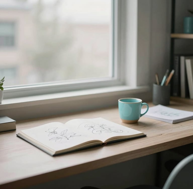 A quiet, minimalist design studio workspace in West Jordan, Utah. Soft daylight filters through a large window onto a clean desk with sketchbooks, a ceramic cup, and subtle cerulean accents, 35mm