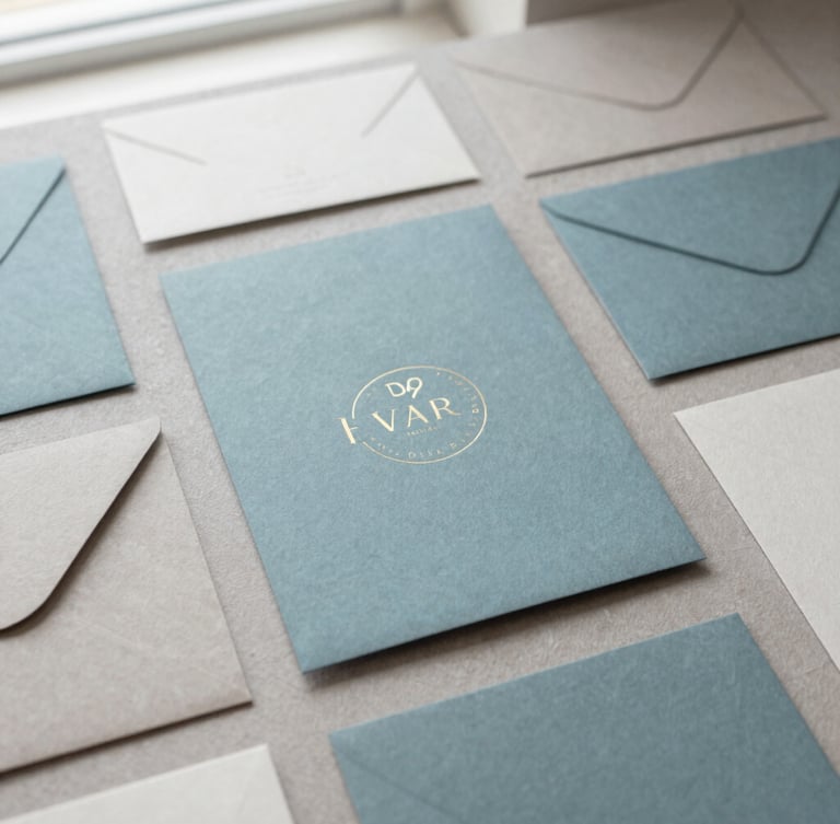 Overhead flat-lay of bespoke brand identity collateral on textured paper, soft natural daylight, muted cerulean tones, elegant editorial photography, 35mm