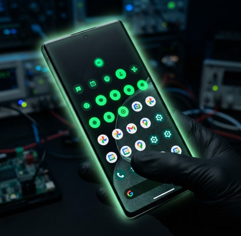 Macro close-up of an Android phone screen displaying a smooth UI transition, with a subtle terminal-green glow from the edges, in a dark, moody lab setting.