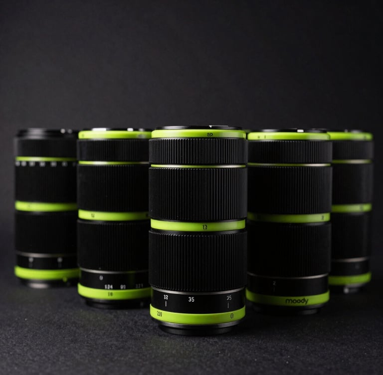 Moody studio photography of a high-end physical podcasting setup, dramatic low-key lighting, dark charcoal tones with electric neon green accents, shallow depth of field, 35mm