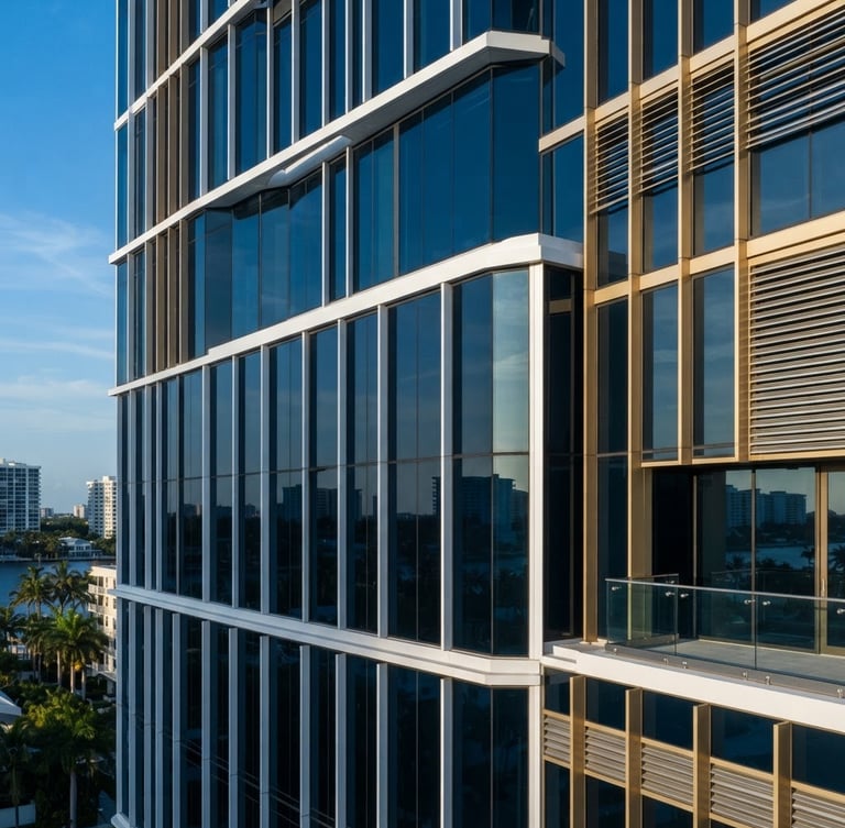 Architectural detail of a modern, well-maintained commercial building facade in West Palm Beach, crisp morning sunlight, clean geometric lines, tilt-shift lens, deep blue tones