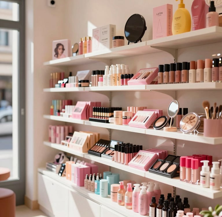 Bright cheerful store interior of a local beauty boutique in León, shelves filled with colorful cosmetics and hair accessories, warm sunny highlights