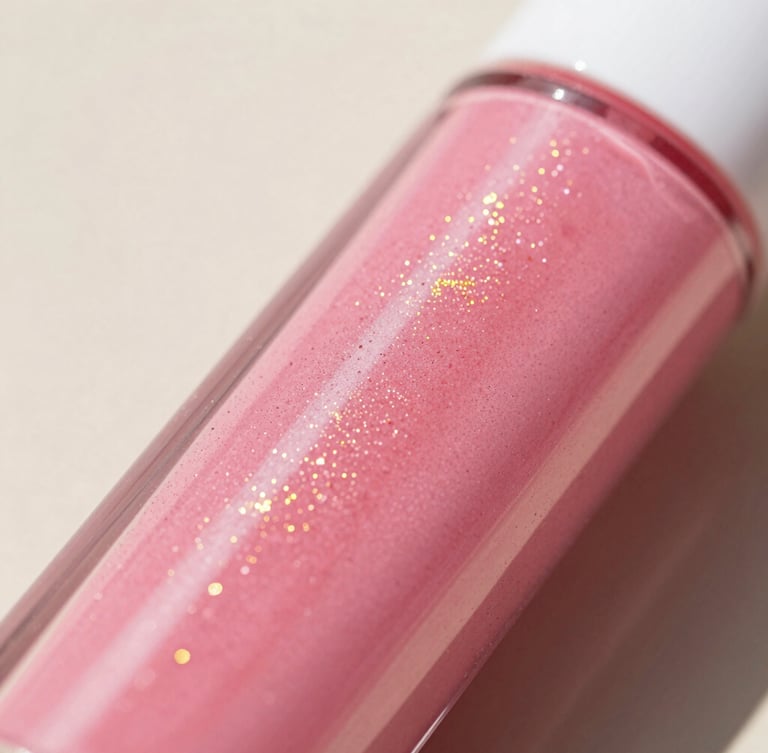 Close-up of vibrant pink lip gloss texture with golden sparkles, bright warm daylight, shallow depth of field