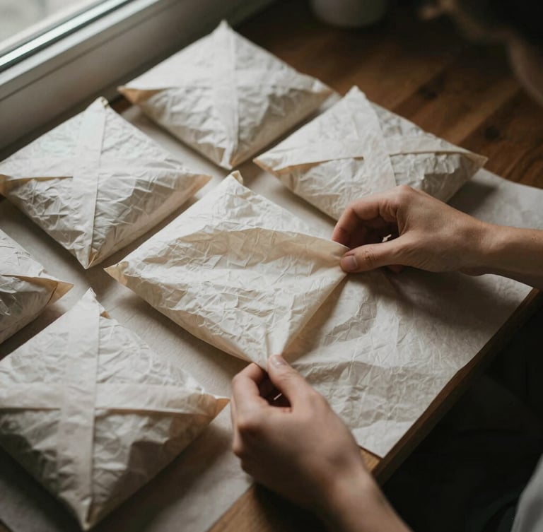 Overhead flat-lay of hands carefully wrapping artisanal goods in textured tissue paper, deep moody shadows, soft natural window light, 35mm