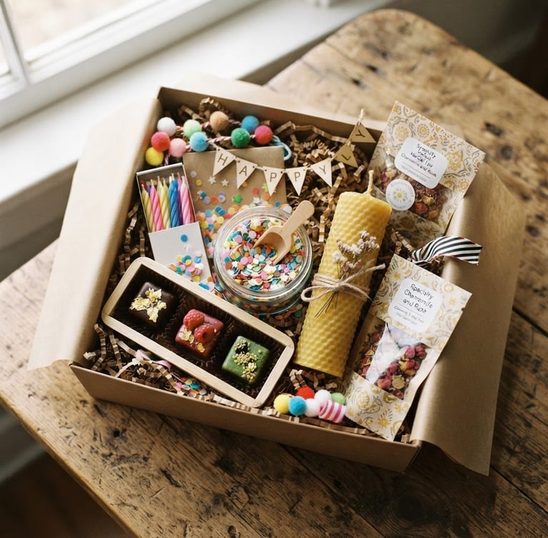 Overhead flat-lay of a vibrant birthday care package filled with colorful confetti, artisan chocolates, and a beeswax candle, soft natural window light, 35mm