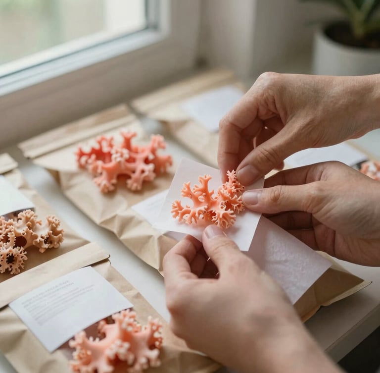 Close-up of hands carefully folding coral tissue paper over a beautifully arranged care package, soft natural window light, tactile textures, 35mm