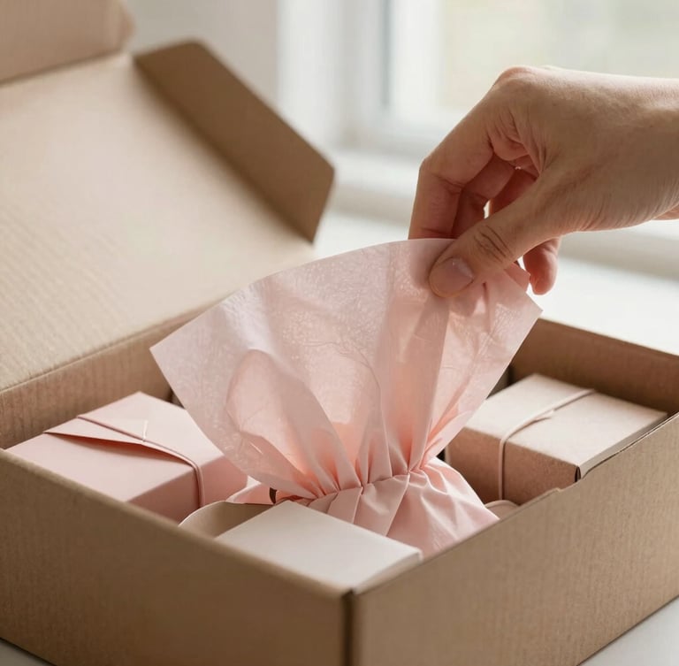 Hands carefully folding soft blush pink tissue paper over curated gift items inside a textured cardboard box, warm morning light