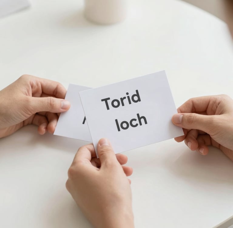 Close-up of hands holding printed social story cards on a clean white table, minimalist layout, soft daylight, shallow depth of field
