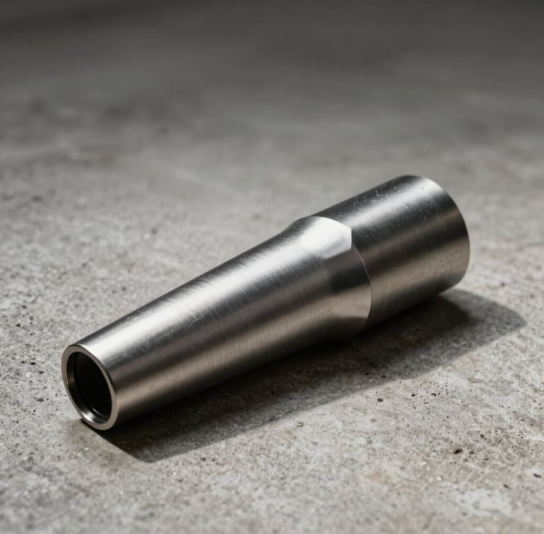 Sleek brushed-metal extraction nozzle resting on a raw concrete floor, dramatic side-lighting, sharp contrast, 35mm lens