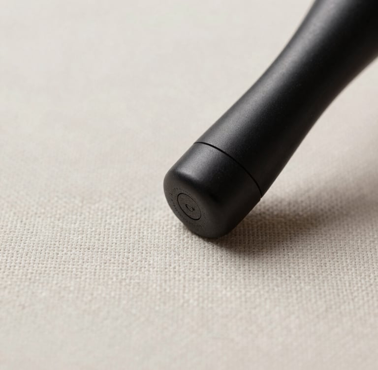 Macro close-up of a textured luxury linen fabric being treated with a sleek matte-black extraction tool, crisp gallery lighting, desaturated tones